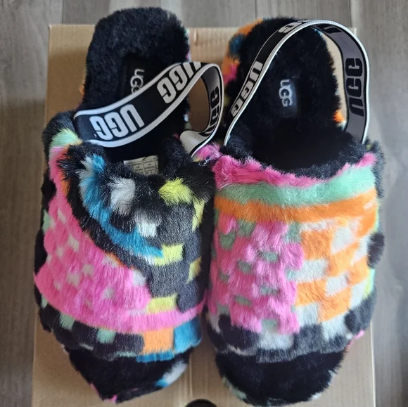 UGG NEW! fluff yeah slides furry wool uggs sandals slippers elastic heel strap